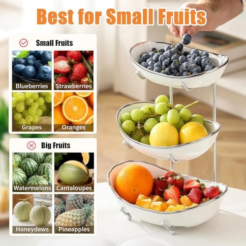 3 Tier Fruit Basket, Ceramic Fruit Bowl for Kitchen Counter 1 in Small in Silver-rimmed, alternate view 6