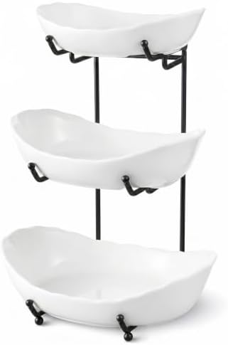3 Tier Fruit Basket, Ceramic Fruit Bowl for Kitchen Counter in Small in Black