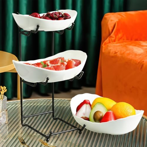 3 Tier Fruit Basket, Ceramic Fruit Bowl for Kitchen Counter in Small in Black, alternate view 2