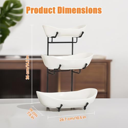 3 Tier Fruit Basket, Ceramic Fruit Bowl for Kitchen Counter in Small in Black, alternate view 3