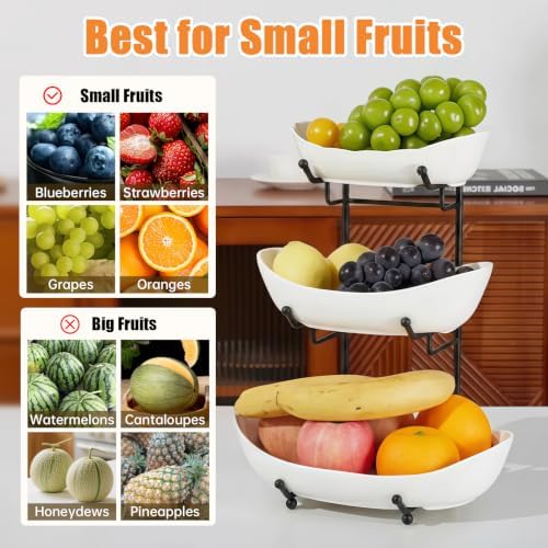 3 Tier Fruit Basket, Ceramic Fruit Bowl for Kitchen Counter in Small in Black, alternate view 6