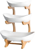 3 Tier Fruit Bowl Ceramic with Wooden Stand Fruit Bowl for Kitchen Counter for Storage Vegetable Fruit Cup Cake