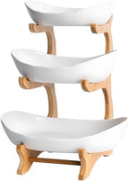 3 Tier Fruit Bowl Ceramic with Wooden Stand Fruit Bowl for Kitchen Counter for Storage Vegetable Fruit Cup Cake