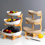 3 Tier Fruit Bowl Ceramic with Wooden Stand Fruit Bowl for Kitchen Counter for Storage Vegetable Fruit Cup Cake, alternate