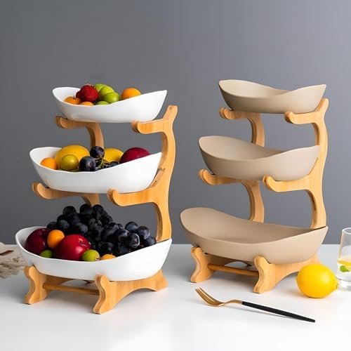 3 Tier Fruit Bowl Ceramic with Wooden Stand Fruit Bowl for Kitchen Counter for Storage Vegetable Fruit Cup Cake, alternate