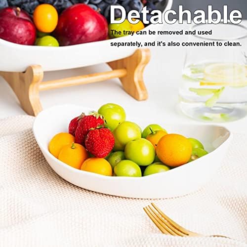 3 Tier Fruit Bowl Ceramic with Wooden Stand Fruit Bowl for Kitchen Counter for Storage Vegetable Fruit Cup Cake, alternate