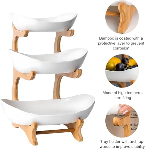 3 Tier Fruit Bowl Ceramic with Wooden Stand Fruit Bowl for Kitchen Counter for Storage Vegetable Fruit Cup Cake, alternate