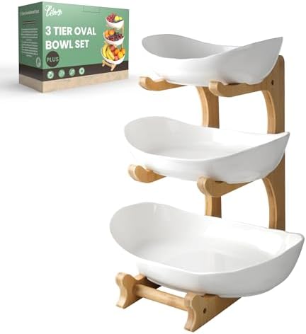 3 Tier Fruit Bowl for Kitchen Counter (PLUS edition) / Ceramic Serving Bowls with Bamboo Stand/Big Size Tiered
