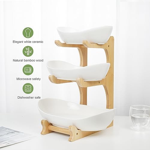 3 Tier Fruit Bowl for Kitchen Counter (PLUS edition) / Ceramic Serving Bowls with Bamboo Stand/Big Size Tiered, alternate