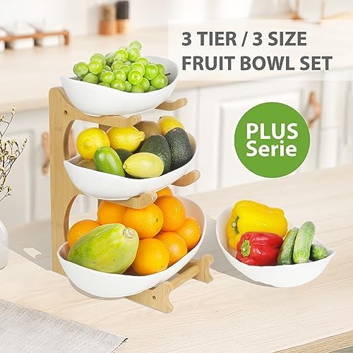 3 Tier Fruit Bowl for Kitchen Counter (PLUS edition) / Ceramic Serving Bowls with Bamboo Stand/Big Size Tiered, alternate
