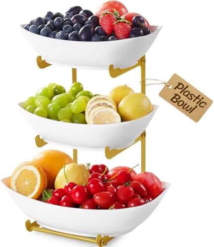 3 Tier Fruit Bowl for Kitchen Counter, Tiered Plastic Serving Tray in Standard(3 Tier) in Gold