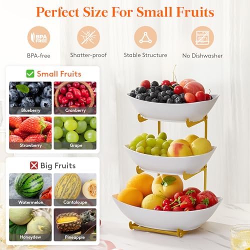 3 Tier Fruit Bowl for Kitchen Counter, Tiered Plastic Serving Tray in Standard(3 Tier) in Gold, alternate view 4