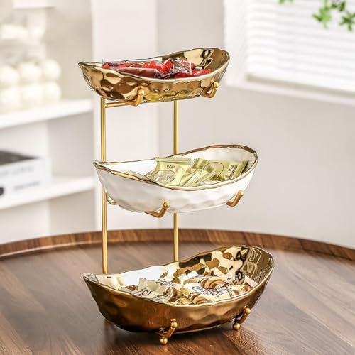 3-Tier Fruit Bowls for Kitchen Counter, Ceramic Bowl with Gold Metal Stand,3 Tier Fruit Basket for Fruit, Snack
