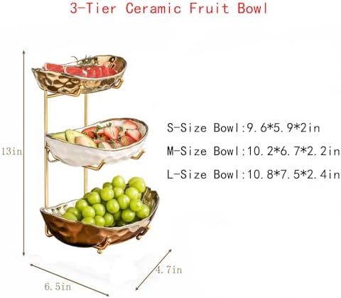 3-Tier Fruit Bowls for Kitchen Counter, Ceramic Bowl with Gold Metal Stand,3 Tier Fruit Basket for Fruit, Snack, alternate