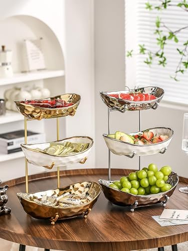 3-Tier Fruit Bowls for Kitchen Counter, Ceramic Bowl with Gold Metal Stand,3 Tier Fruit Basket for Fruit, Snack, alternate