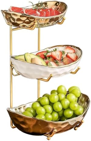 3-Tier Fruit Bowls for Kitchen Counter, Ceramic Bowl with Gold Metal Stand,3 Tier Fruit Basket for Fruit, Snack, alternate