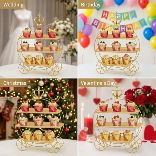 3-Tier Gold Cupcake Stand for Weddings & Parties - Tiered Serving Tray Crown Dessert Table Display Stand Holder, alternate