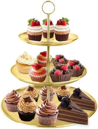 3 Tier Gold Cupcake Stand Stainless Steel Dessert Display Rack with Removable Tiered Tray for Parties, Weddings