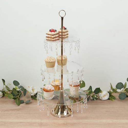3-Tier Gold Cupcake Stand with Crystals - 2ft Tall Acrylic and Metal Dessert Display Tower in 3-tier With