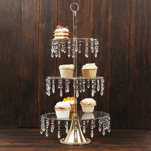 3-Tier Gold Cupcake Stand with Crystals - 2ft Tall Acrylic and Metal Dessert Display Tower in 3-tier With, alternate view 3