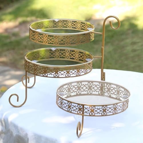 3-Tier Gold Metal Rotating Cupcake Dessert Display Stand With Clear Acrylic Round Plates, Hollow Lace Design
