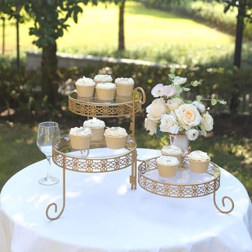 3-Tier Gold Metal Rotating Cupcake Dessert Display Stand With Clear Acrylic Round Plates, Hollow Lace Design, alternate view