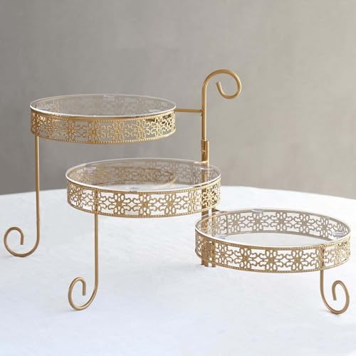 3-Tier Gold Metal Rotating Cupcake Dessert Display Stand With Clear Acrylic Round Plates, Hollow Lace Design, alternate view