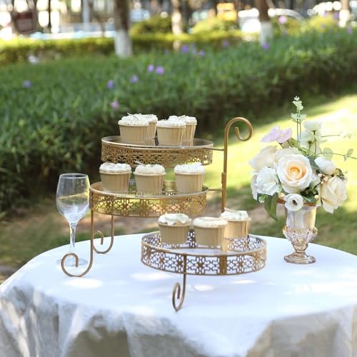 3-Tier Gold Metal Rotating Cupcake Dessert Display Stand With Clear Acrylic Round Plates, Hollow Lace Design, alternate view