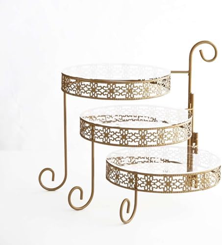 3-Tier Gold Metal Rotating Cupcake Dessert Display Stand With Clear Acrylic Round Plates, Hollow Lace Design, alternate view