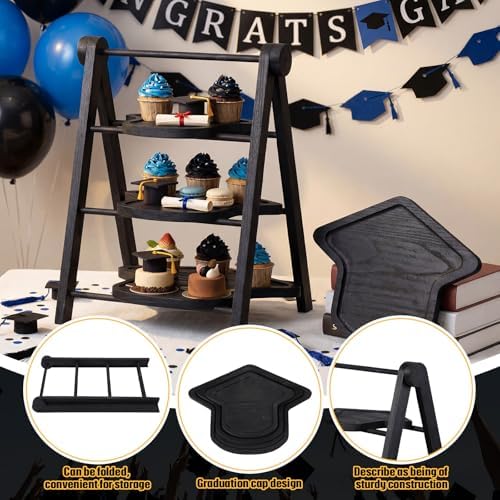 3 Tier Graduation Cap Serving Trays Wooden Platters 13'' 11'' 9'' Plate Board Reusable Plate Congrats Grad Party, alternate