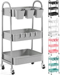 3 Tier Gray Metal Rolling Cart, Three Tiered Storage Dorm Carts with Wheels