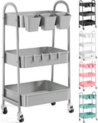 3 Tier Gray Metal Rolling Cart, Three Tiered Storage Dorm Carts with Wheels