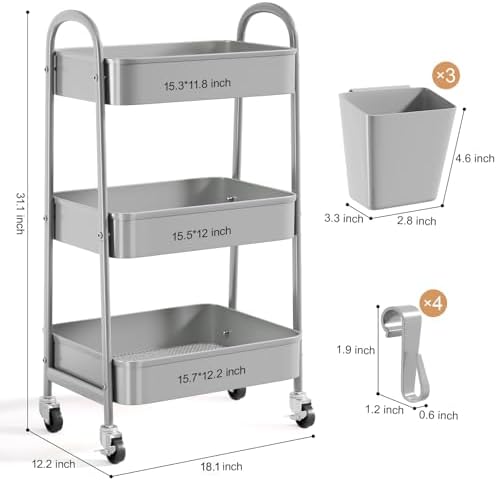 3 Tier Gray Metal Rolling Cart, Three Tiered Storage Dorm Carts with Wheels, alternate view 3