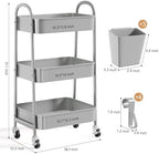 3 Tier Gray Metal Rolling Cart, Three Tiered Storage Dorm Carts with Wheels, alternate view 3