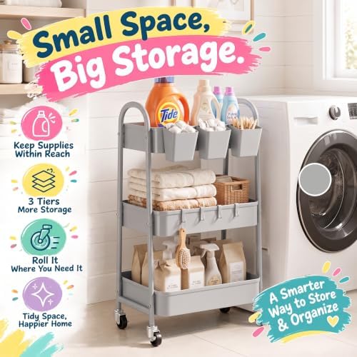 3 Tier Gray Metal Rolling Cart, Three Tiered Storage Dorm Carts with Wheels, alternate view 6