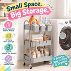 3 Tier Gray Metal Rolling Cart, Three Tiered Storage Dorm Carts with Wheels, alternate view 6