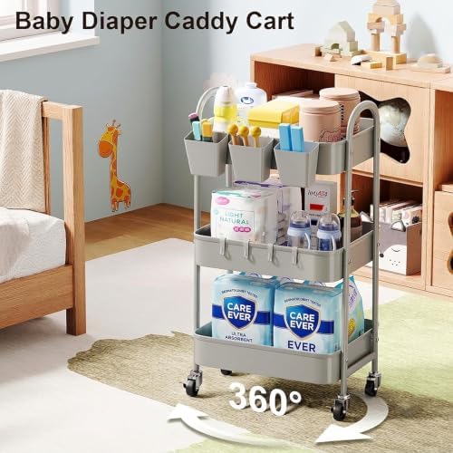 3 Tier Gray Metal Rolling Cart, Three Tiered Storage Dorm Carts with Wheels, alternate view 7
