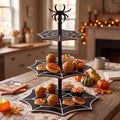 3 Tier Halloween Cupcake Stand, Black Wooden Spider Web Tiered Serving Tray for Spooky Gothic Party Table
