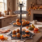 3 Tier Halloween Cupcake Stand, Black Wooden Spider Web Tiered Serving Tray for Spooky Gothic Party Table