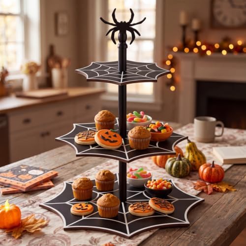 3 Tier Halloween Cupcake Stand, Black Wooden Spider Web Tiered Serving Tray for Spooky Gothic Party Table