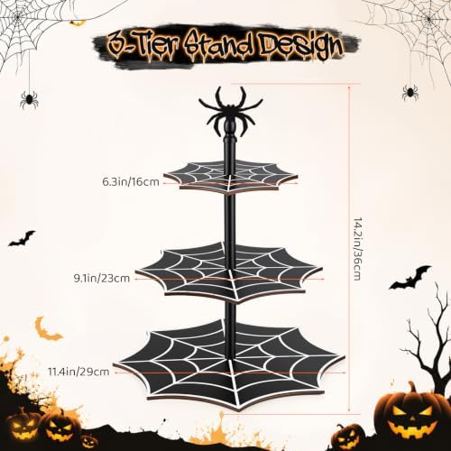 3 Tier Halloween Cupcake Stand, Black Wooden Spider Web Tiered Serving Tray for Spooky Gothic Party Table, alternate view 2