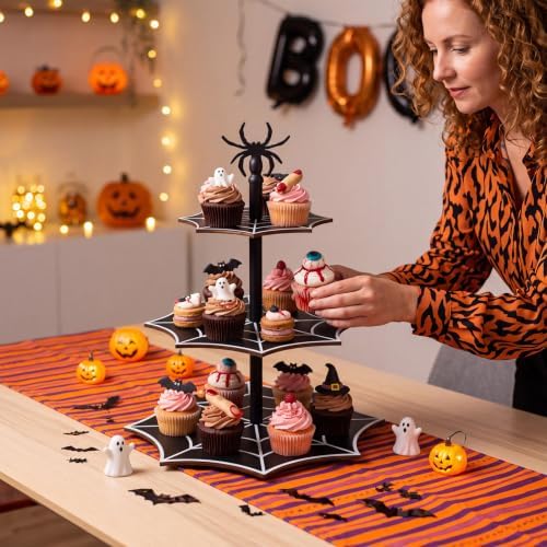 3 Tier Halloween Cupcake Stand, Black Wooden Spider Web Tiered Serving Tray for Spooky Gothic Party Table, alternate view 3