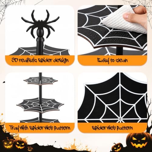 3 Tier Halloween Cupcake Stand, Black Wooden Spider Web Tiered Serving Tray for Spooky Gothic Party Table, alternate view 4