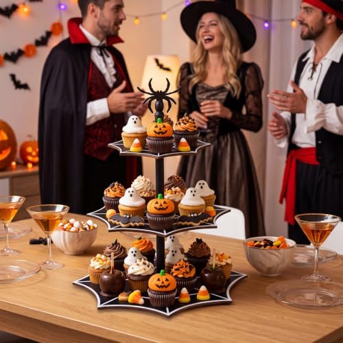 3 Tier Halloween Cupcake Stand, Black Wooden Spider Web Tiered Serving Tray for Spooky Gothic Party Table, alternate view 5