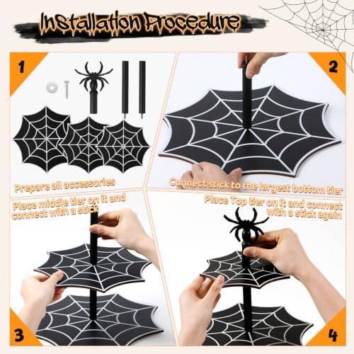 3 Tier Halloween Cupcake Stand, Black Wooden Spider Web Tiered Serving Tray for Spooky Gothic Party Table, alternate view 6