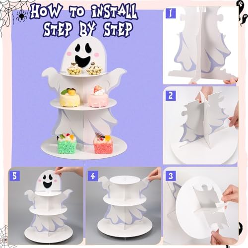 3 Tier Halloween Cupcake Stand Boo Ghost Dessert Tower for Birthday in White, alternate view 4