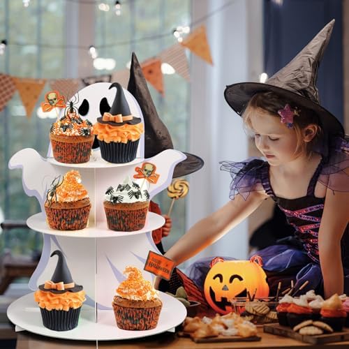 3 Tier Halloween Cupcake Stand Boo Ghost Dessert Tower for Birthday in White, alternate view 6