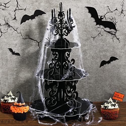 3-Tier Halloween Cupcake Stand Gothic Skull Candelabra with Web in Black