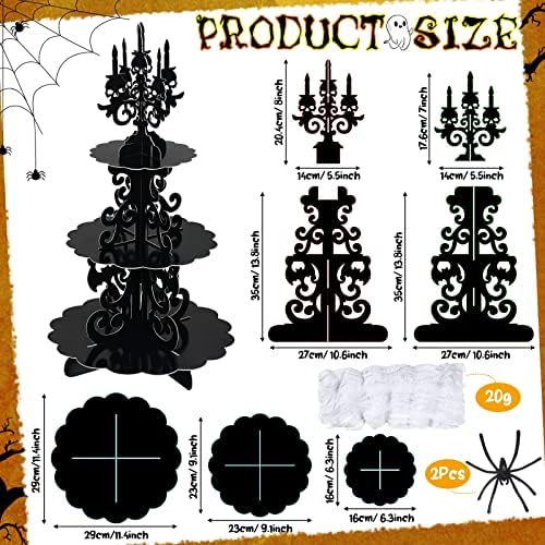 3-Tier Halloween Cupcake Stand Gothic Skull Candelabra with Web in Black, alternate view 3