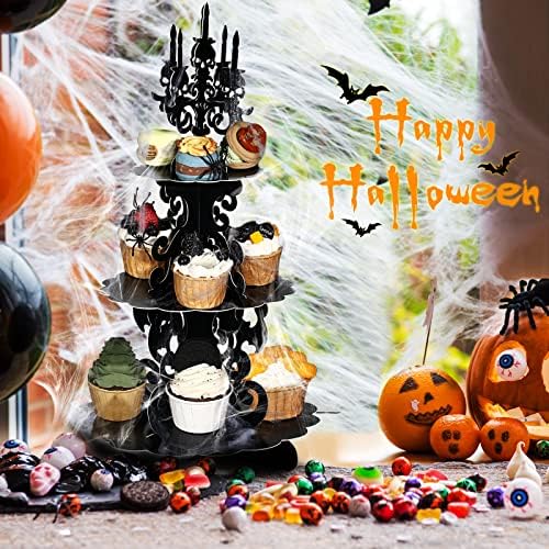 3-Tier Halloween Cupcake Stand Gothic Skull Candelabra with Web in Black, alternate view 4